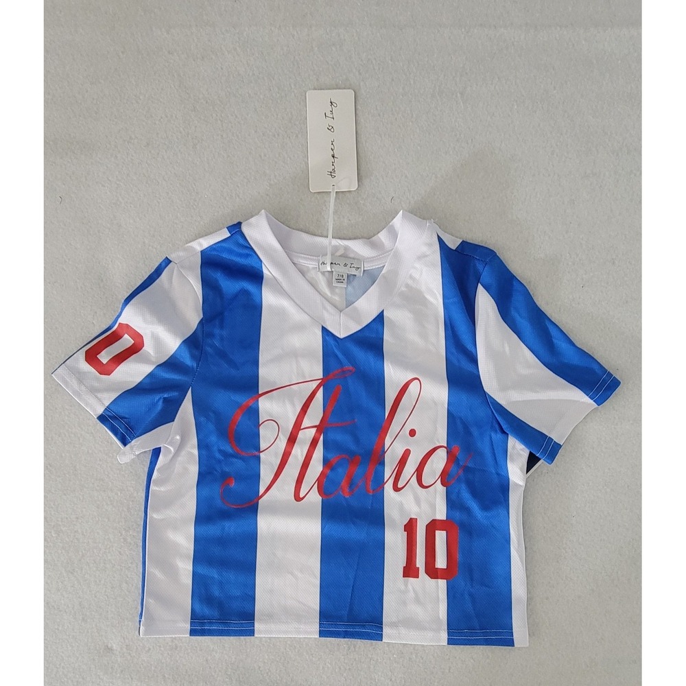 Harper & Ivy Italy Soccer Shirt Blue White Striped Youth Size 7/8 Italia NWT